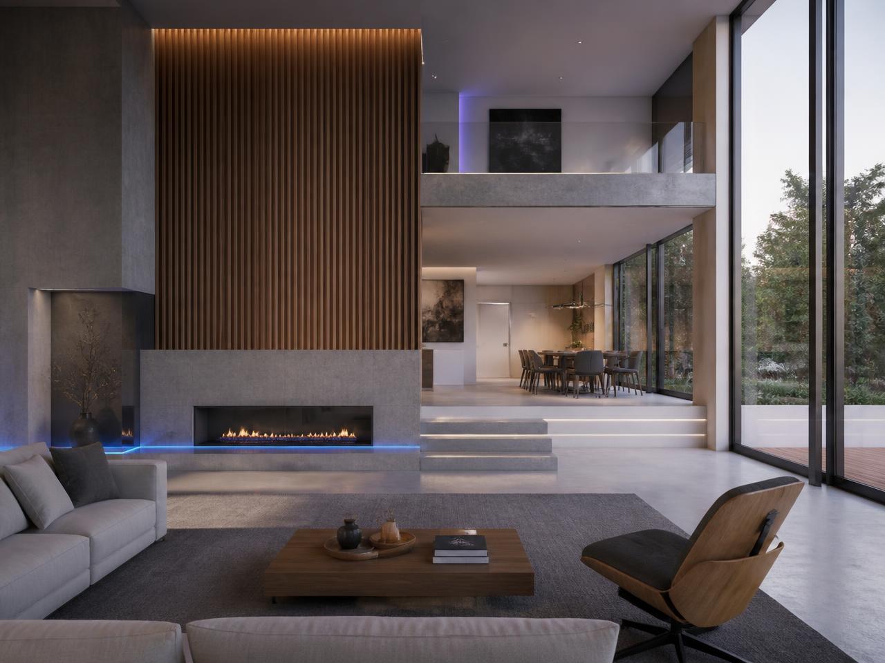 Render de um interior arquitetônico moderno apresentado na plataforma ApresentaPro